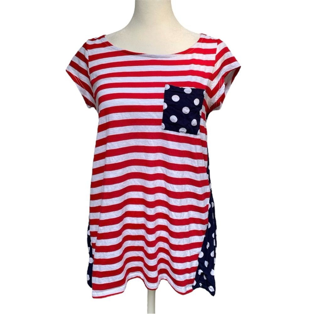 Cha Cha Vente Striped Polka Dot Red White & Blue Mixed Media Top